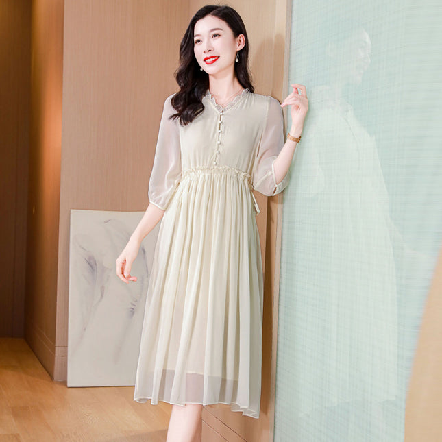 Solid Color Silk Half-Sleeve Dress, New Summer Style, Versatile and Elegant V-Neck Tie-Waist Dress