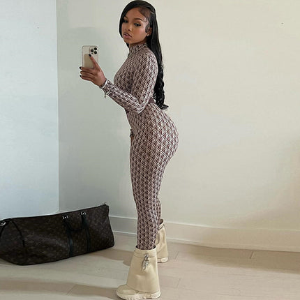 European and American Foreign Trade women's clothing fashion printed Street round neck long-sleeved trousers body pants fitness jumpsuit women's one-piece delivery
