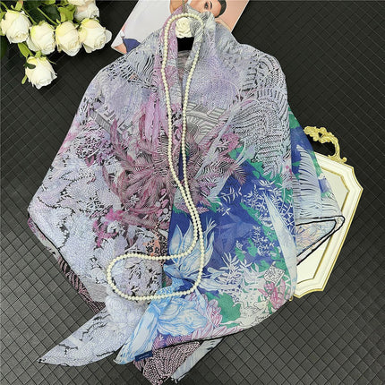 130cm Thin Georgette Plant Secret Garden Women's Sunscreen Shawl Travel Large Square Scarf Hijab Scarf