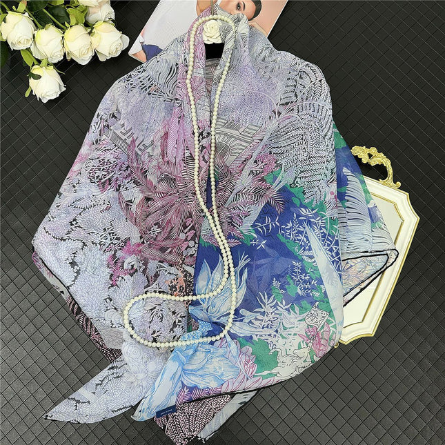 130cm Thin Georgette Plant Secret Garden Women's Sunscreen Shawl Travel Large Square Scarf Hijab Scarf