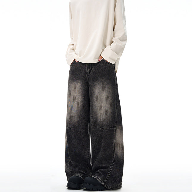 Lktm Men's Fashion Ash-Dirty Black-Gray Splatter Baggy Jeans Unisex Trendy Brand Silhouette Straight-Leg Floor-Length Pants