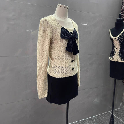 2024 Spring and Summer New Retro Square Collar Brushed Lace Bow Short Slim Slim Long-Sleeved Shirt Top