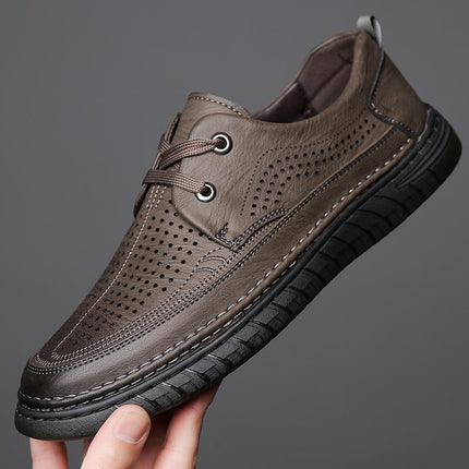 2023 Summer Men's Lace-Up Soft Leather Casual Shoes Hollow Cross-Border Rubber Sole Croc Shoes Baota Breathable Leather Sandals