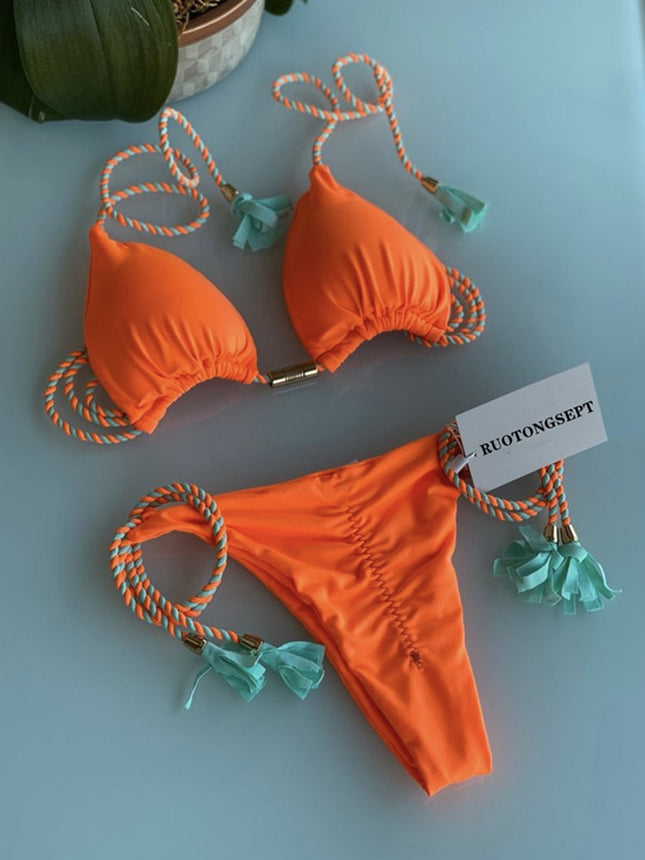 2023 Hand-Woven Rope Bikini European and American New Sexy Women's Swimsuit Multi-Color Bikini Split Swimsuit