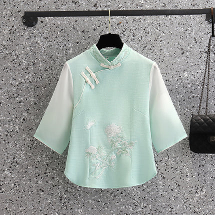 Vintage Chinese Top Set Large Size Chinese Style Seven-point Sleeve Cheongsam Peony Embroidered Gradient Pants Two-piece Set