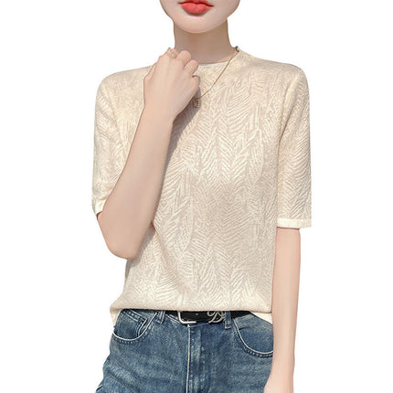 Spring and Summer Worsted Wool Short-Sleeved Women's Round Neck Quarter-Sleeved Knitted T-Shirt Loose Cut Out Half-Sleeved Bottoming Top for Women