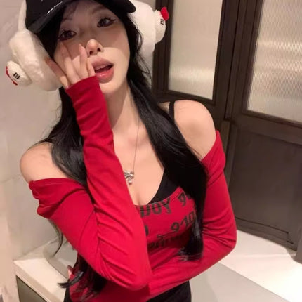 Pure Desire HoT Girl Red Square Neck Long Sleeve T-shirT Women's Spring Sexy Slim ShorT LeTTer PrinT Top BoTToming ShirT