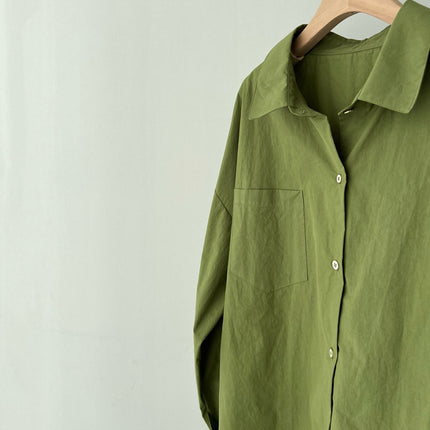 Poison home-made. High-count Washed Encrypted Cotton Small Stand Collar Matcha Agaro Green Shirt Women's Loose Lazy Style