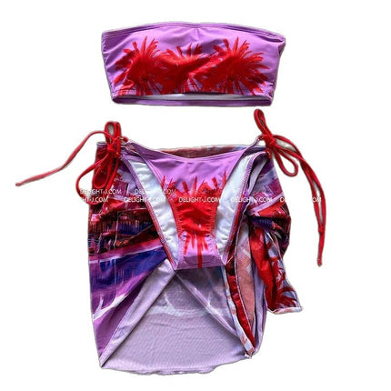 Swimsuit for Women, Conservative and High-End Style, Pure Desire, Strapless, Printed Three-Piece Bikini, Small Bust, Covers the Body, Makes You Look Slimmer
