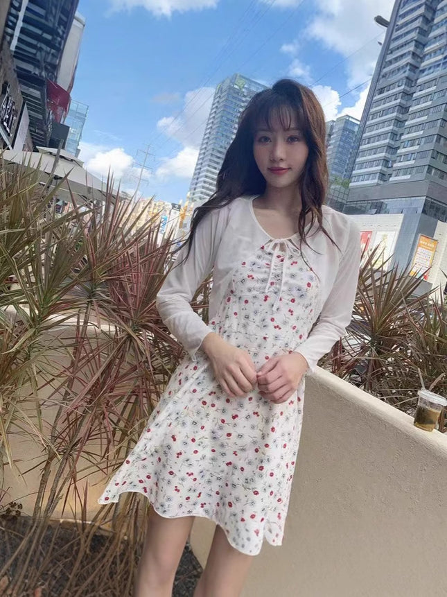 Suspenders Skirt Suspenders French dress Sunscreen All-match Niche Summer Floral First Love Cardigan Two-piece Set suit Trendy