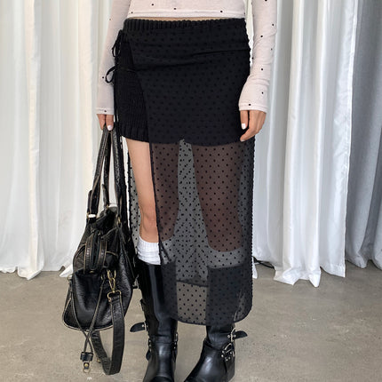 Dorothy South Korea Quality Fart Curtain Flocking Wave Dot Perspective Stacked Spare Skirt Mid-Length Niche Lace-Up Skirt