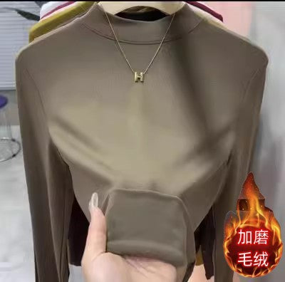 2025 Autumn and Winter New Style Plus Brushed Inner Small Stand-Up Collar Pure Color Simple Versatile Slimming Look Half Turtleneck Bottoming T-Shirt for Women