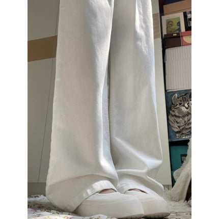 White High Waist Straight Jeans Women's Fashionable All-match Korean Style Pleated Design Sense Loose Slimming Pants