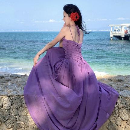 Real shot retro light luxury deep V drawable sexy chiffon suspenders dress famous seaside purple