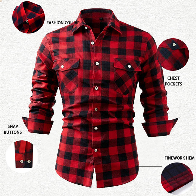 Spring and Summer Slim Amazon Fashion Brushed Plaid High-End Long-Sleeved Double Pocket Flannel Men's Shirt