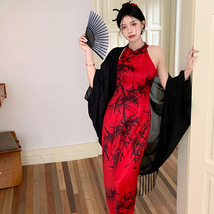 New Chinese Style Vintage Ink Bamboo Neck Cheongsam dress Women's Summer Elegant Thin Cape Shawl Cardigan Two-piece Set