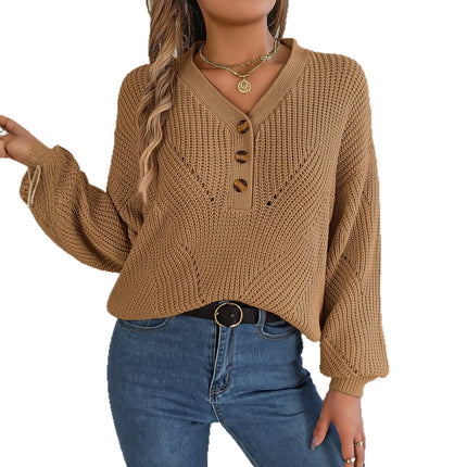 Real shot 2023 autumn and winter New hollow V-neck button lantern sleeve pullover sweater independent station cross-border foreign trade women's clothing