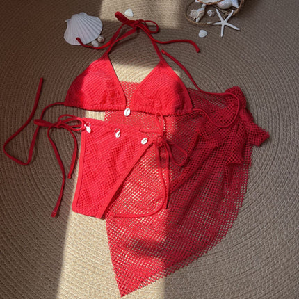 2025 European and American New Style Small Fresh Sexy Style Beach Shell Three-Piece Mesh Swimsuit Swimsuit Bikini Bikini