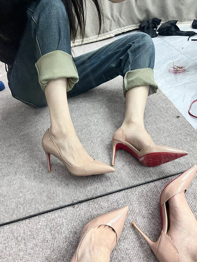 2025 New Spring and Autumn Pointed-Toe Side-Cutout Red-Soled Nude High-Heeled Shoes for Women, Stunning Stiletto Heels, Elegant Black Patent Leather Pumps