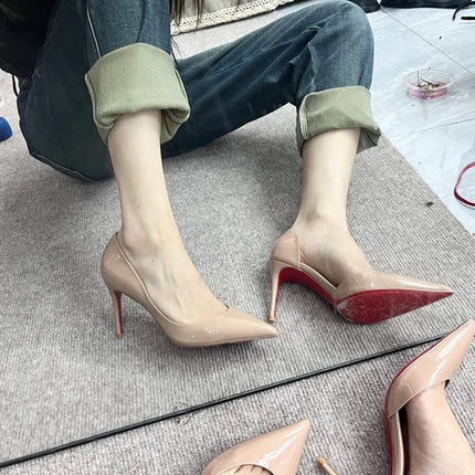2025 New Spring and Autumn Pointed-Toe Side-Cutout Red-Soled Nude High-Heeled Shoes for Women, Stunning Stiletto Heels, Elegant Black Patent Leather Pumps