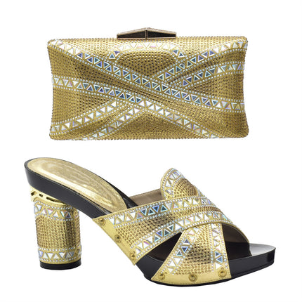 Cross-border Evening with Hot Diamond Shoe Bag Hollow High Heel Round Toe Sandals with Hand Bag Fashion Dinner suit