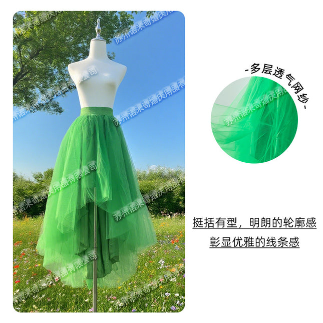 Spring and Summer New Colorful Dopamine Multi-Layer Mesh Skirt with Short Front and Long Back, Irregular High Waist Slimming Elastic Waist Skirt