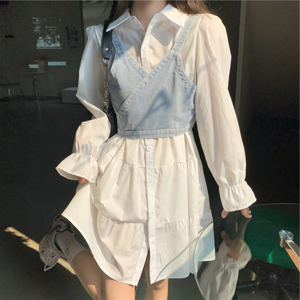 White dress Spring Thin 2025 New Vintage French Style Waist Design Long Sleeve Polo Collar Dress for Women