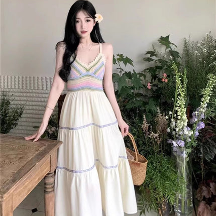 Summer women's national style sling hollow stitching dress new style sling skirt holiday style