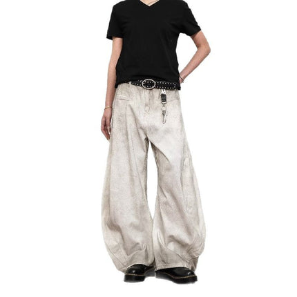 Straight-Leg Casual American Retro Dirty White Banana Knife Jeans for Men with Zipper, Spring and Autumn, Youth Trendy Regular Fit