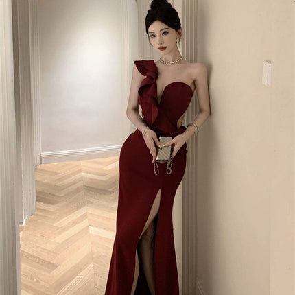 High-end Sexy Ruffle Evening Dress 2025 Elegant One-shoulder Banquet Host Car Model Split Dress