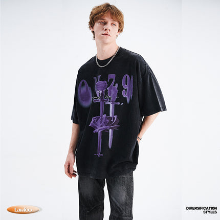 LawFoo spring and summer national fashion brand American style washed old direct spray rose print drop shoulder loose version couple T-shirt fashion