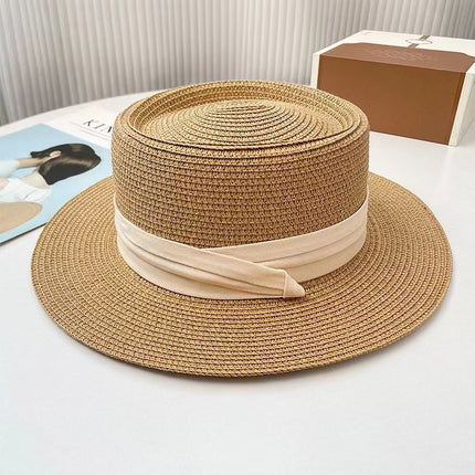 [Great Value] French Style Socialite Flat Top Hat 2025 New Summer Elegant Pearl String Sunshade Woven Straw Hat