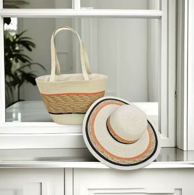 Cross-Border Straw Hat Straw Bag Two-Piece Set Sun Hat Large Capacity Striped Tote Bag Shoulder Bag Beach Bag Factory Store