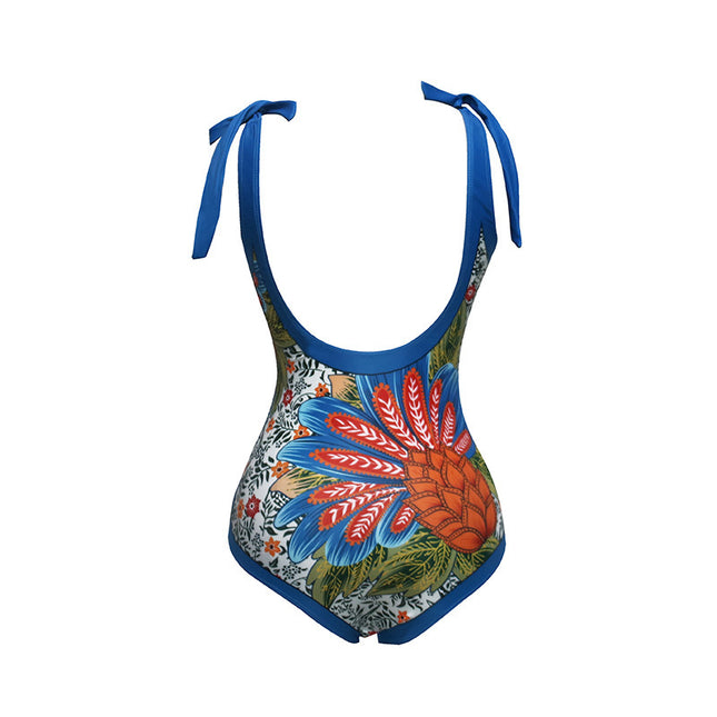 2024 New French lace-up swimsuit women's hot spring beach vacation one-piece bikini sexy printed suit swimsuit