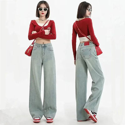 Wide Leg Jeans Women's Spring 2025 Explosions Hot Girl Narrow Edition High Waist Embroidered Straight Tube Loose Mop Pants Trendy