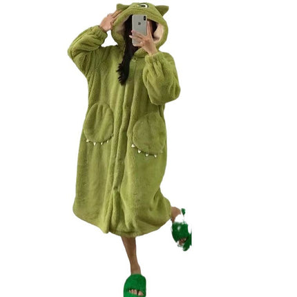 Cartoon Big-eyed Nightgown Pajamas Coral Fleece Autumn and Winter Hooded Cute Loose Long Couple
