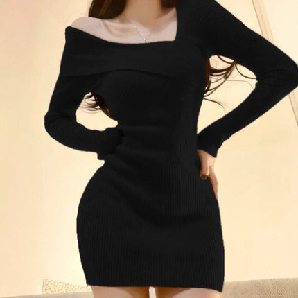 2025 New Style Slanted Collar Inner Layering Knitted Waist Dress Women's Autumn and Winter Sweater Hip Skirt