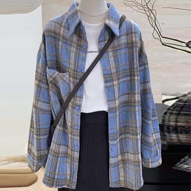 New Spring and Autumn Korean Style Lazy Brushed Wool Plaid Shirt Women's Versatile Trendy Loose Casual Mid-Length Jacket