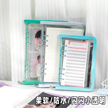 Japanese A5 Transparent Loose-leaf Black Glitter Zipper 6-hole Notebook Ins Style Star Chaser Ledger PVC Case