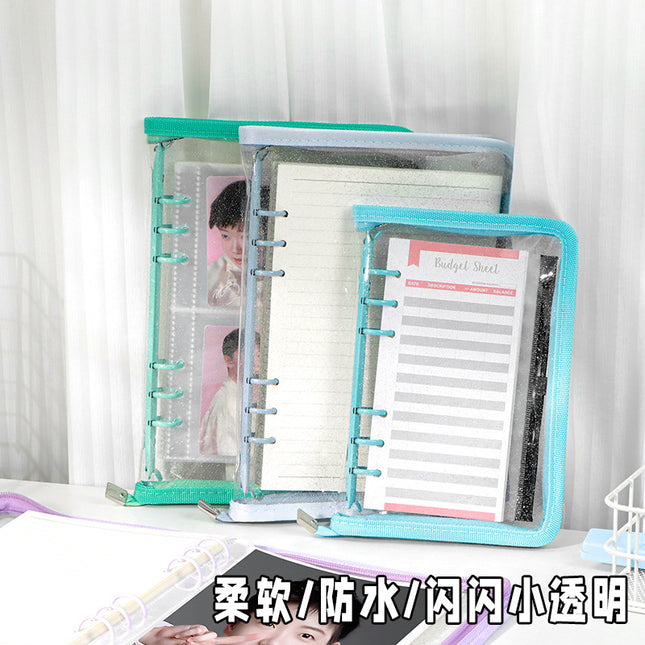 Japanese A5 Transparent Loose-leaf Black Glitter Zipper 6-hole Notebook Ins Style Star Chaser Ledger PVC Case