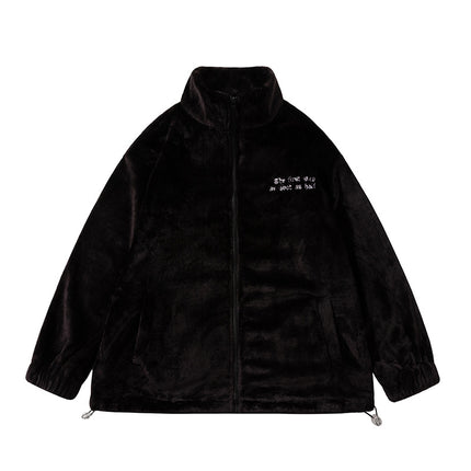 Letter Embroidered Plush Stand Collar Top, Street Style Loose Bf Casual Jacket, Loose Fit Towel Embroidered Letters