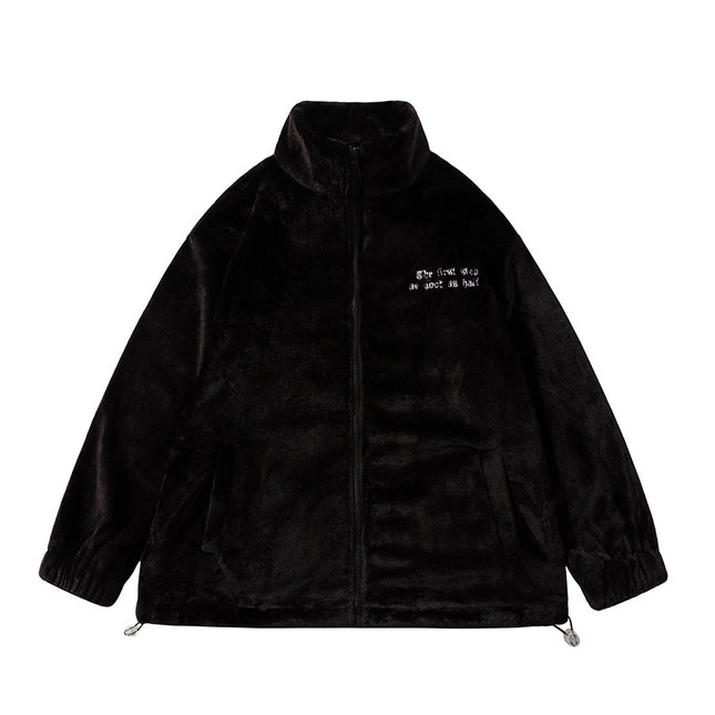 Letter Embroidered Plush Stand Collar Top, Street Style Loose Bf Casual Jacket, Loose Fit Towel Embroidered Letters