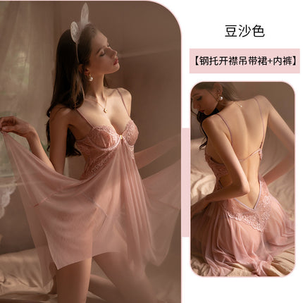 Koni Sexy Pajamas for Women Qqny Lace Edge Mesh Transparent Hot Temptation Pure Desire Suspender Backless One Piece Drop Shipping