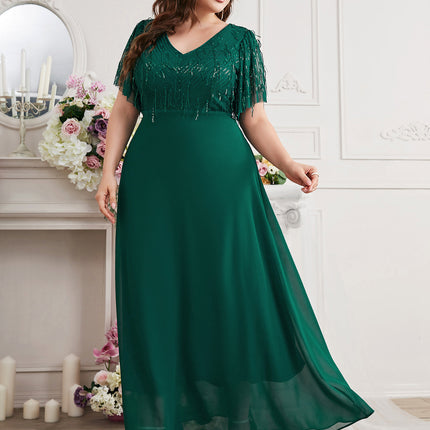 New V Neck Green Chiffon Tassel Pearlescent Elegant Evening Dress Cross-Border Popular Plus Size Women's Dress