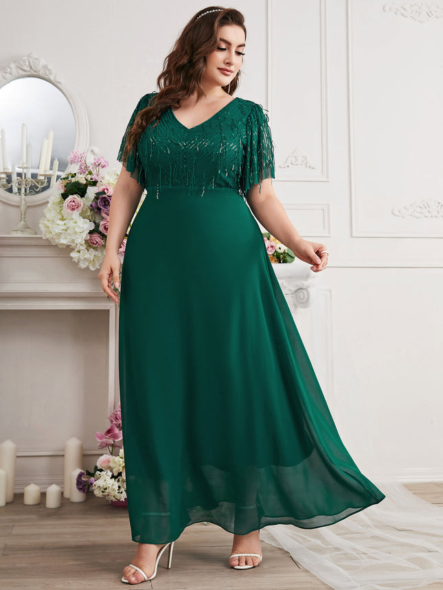 New V Neck Green Chiffon Tassel Pearlescent Elegant Evening Dress Cross-Border Popular Plus Size Women's Dress