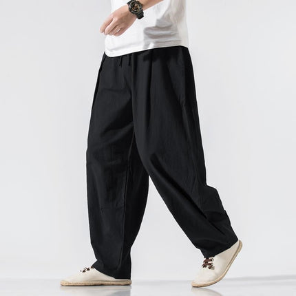 Pendant Wide-leg Pants Men's Loose Straight Linen Pants Chinese Style Spring and Summer Linen Bloomers for Fatty Men Cotton and Linen Casual Pants