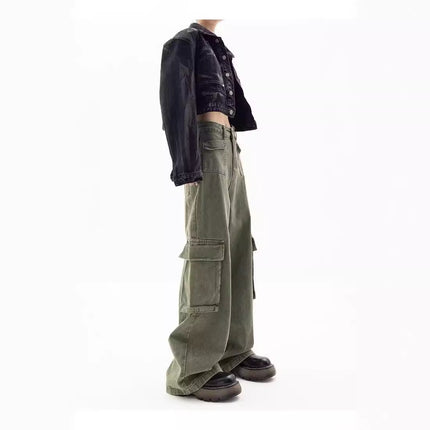 American Style Retro High Waist Green Overalls Jeans Girls Trendy Brand New Loose Straight Casual Wide Leg Trendy Trousers