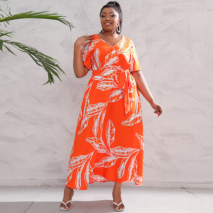 2025 Cross-border New French Elegant Elegant plus size dress Line-drawing Floral V-neck Short-sleeved Waisted Long Dress