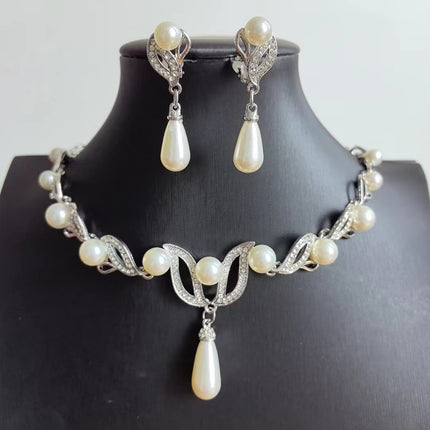 Imitation Gold Ear Studs/Ear Clips, Necklace and Earrings Pearl Jewelry Set, Bridal Leaf-Shaped Long Teardrop Pearl Necklace