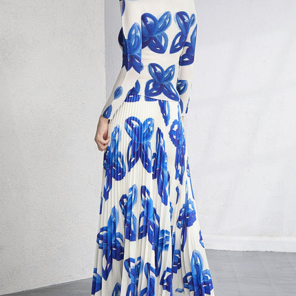 European High-End Printed Pleated Skirt Two-Piece Set Autumn New Miyake Fashion Pleated Suit for Women